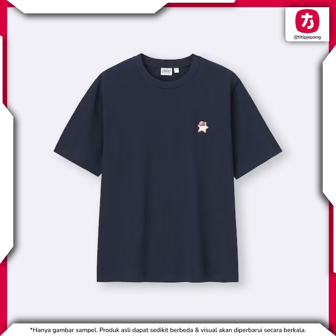 Kaos GU Kirby Navy Bordir Pria Detail Pixel Cross Stitch