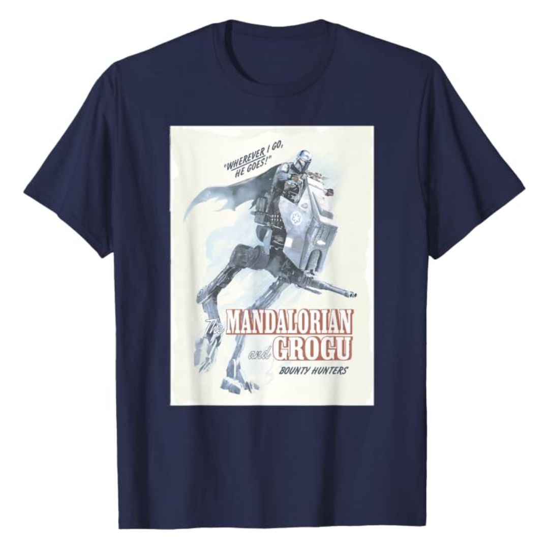 The Mandalorian Grogu Poster T-Shirt Navy Star Wars Graphic Tee untuk Pria