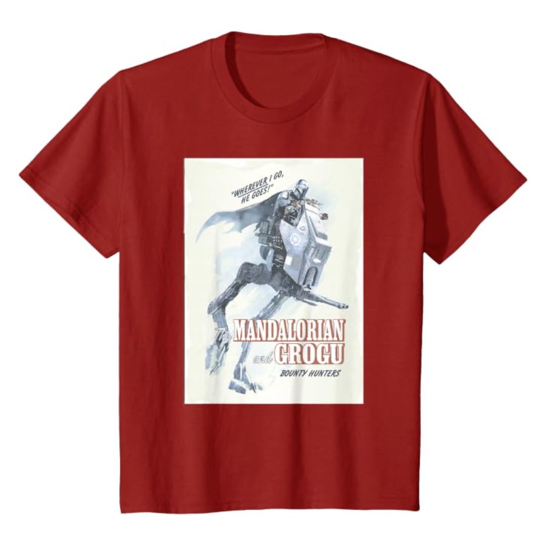 Mandalorian Grogu Poster T-Shirt Cranberry Youth Star Wars Graphic Tee Casual