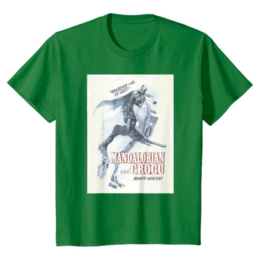 Mandalorian Grogu Kelly Green T-Shirt Youth Star Wars Graphic Tee Casual