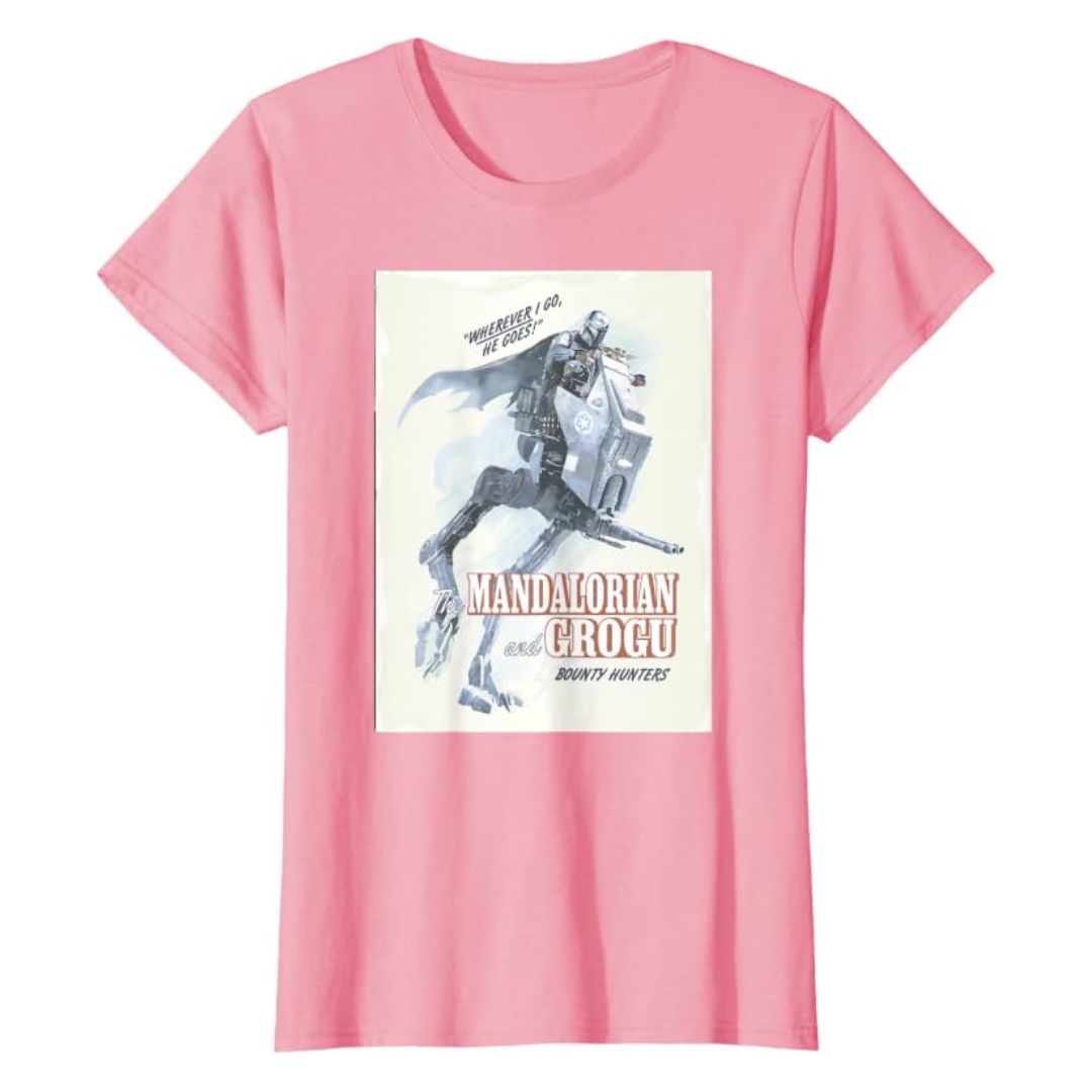 Mandalorian Grogu Pink Poster T-Shirt Women Star Wars Graphic Tee Casual
