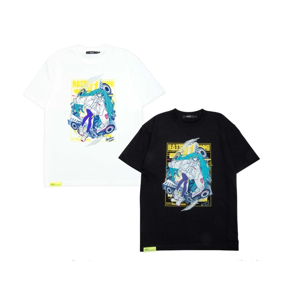 Hatsune Miku T-shirt Keigo Inoue dengan Artwork Layered Putih dan Hitam